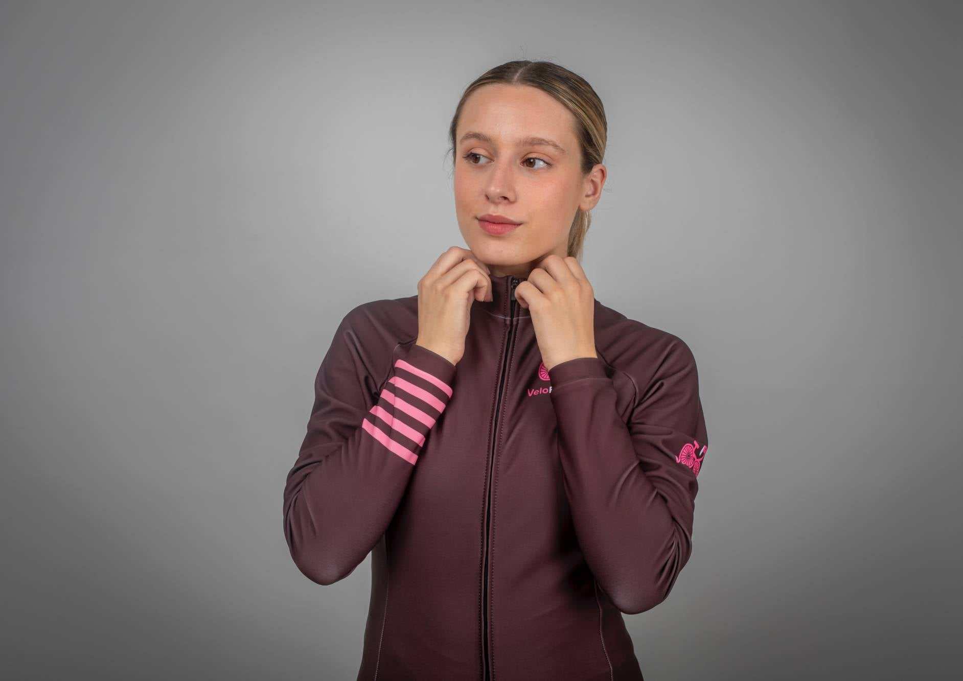 Selena Long Sleeve Jersey - Perfect for Autumn and Winter Cycling - brown with pink cuff stripes